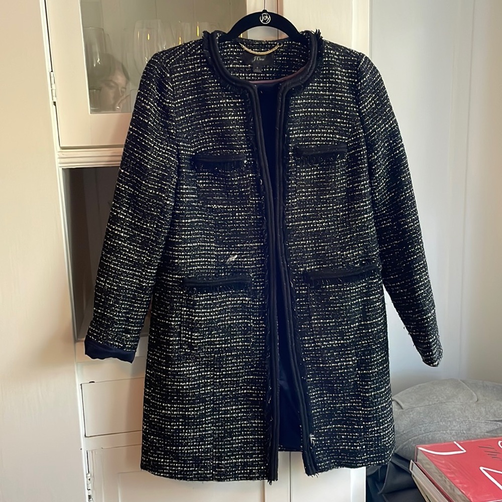 J crew tweed coat with fringe and metallic accent